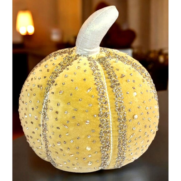11" Beaded Velour decorative Pumpkin Mustard Gold Thanksgiving Halloween - Picture 1 of 9